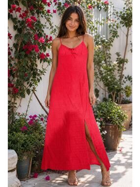Red Coral Spaghetti Strap Maxi Dress Tie Front Side Slit Textured Crinkle M/L